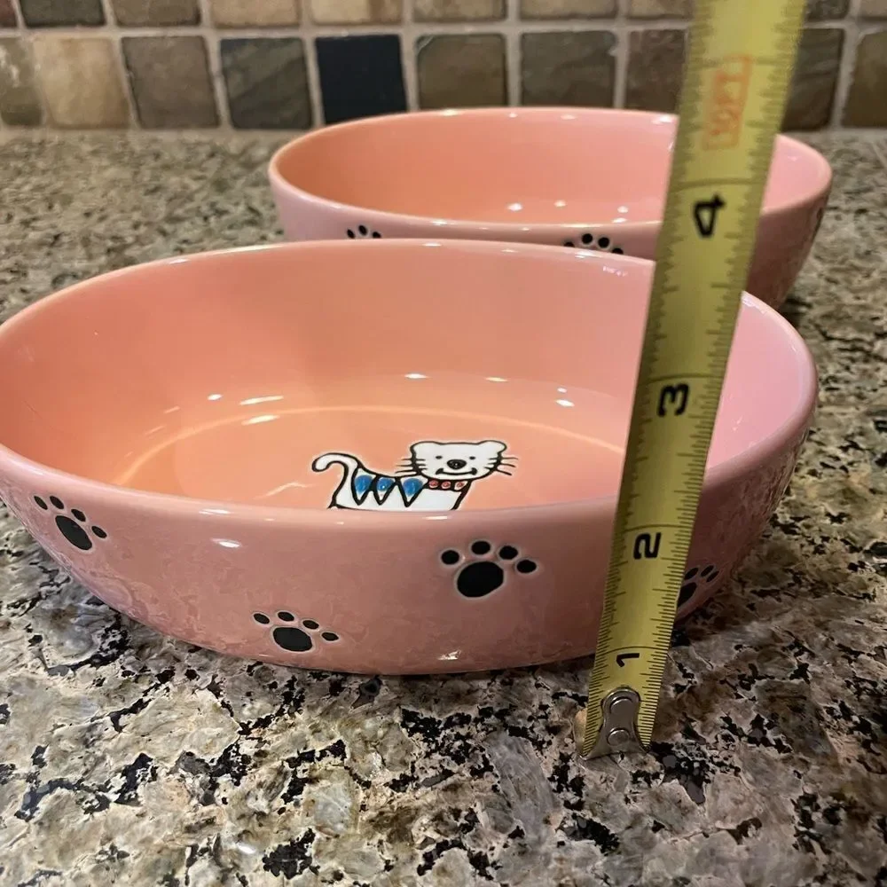 Pet Rageous Adorable Peach Ceramic Cat Bowls set of 2